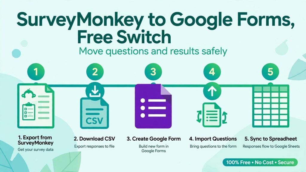 Switch SurveyMonkey to Google Forms thumbnail with five step migration flow