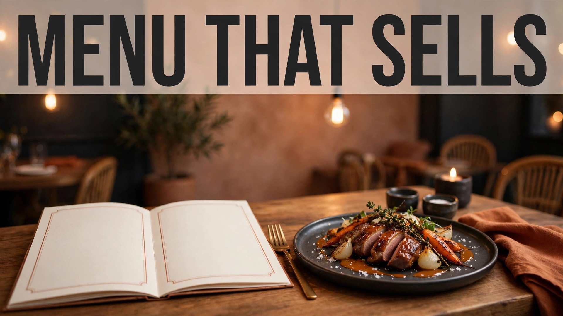 Use Canva for restaurant menu design thumbnail with an open menu beside a plated dish