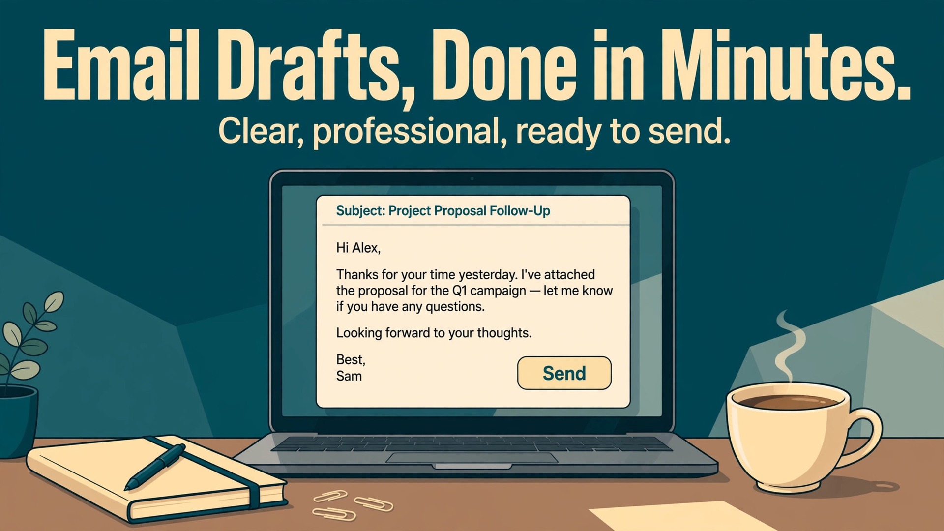 Use ChatGPT for email drafts professionals thumbnail with a laptop showing a finished professional email draft