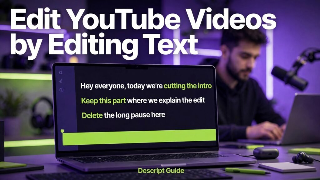 Use Descript for YouTube video editing thumbnail with transcript editing on a laptop