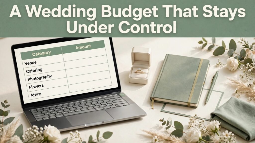 Use Excel for wedding budget planner thumbnail with a wedding budget sheet on a laptop