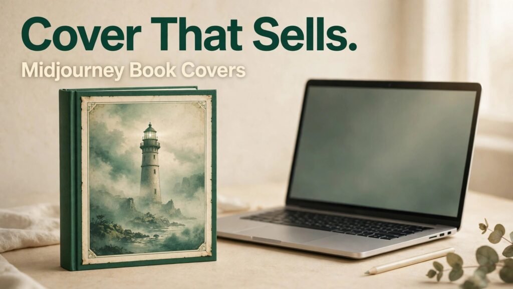 Use Midjourney for book cover design thumbnail with a finished book cover beside a laptop