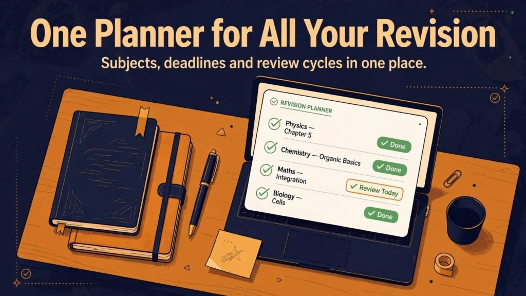 Use Notion for student revision planner thumbnail with a desk planner and laptop revision checklist