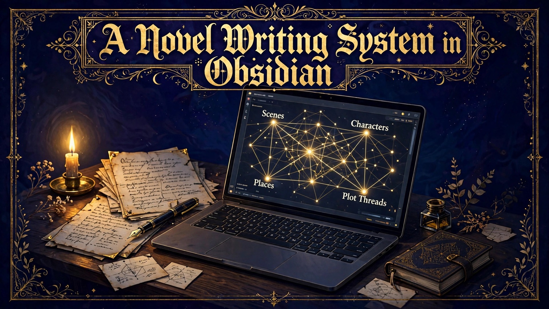 Use Obsidian for novel writing thumbnail with a laptop showing a scene and character graph