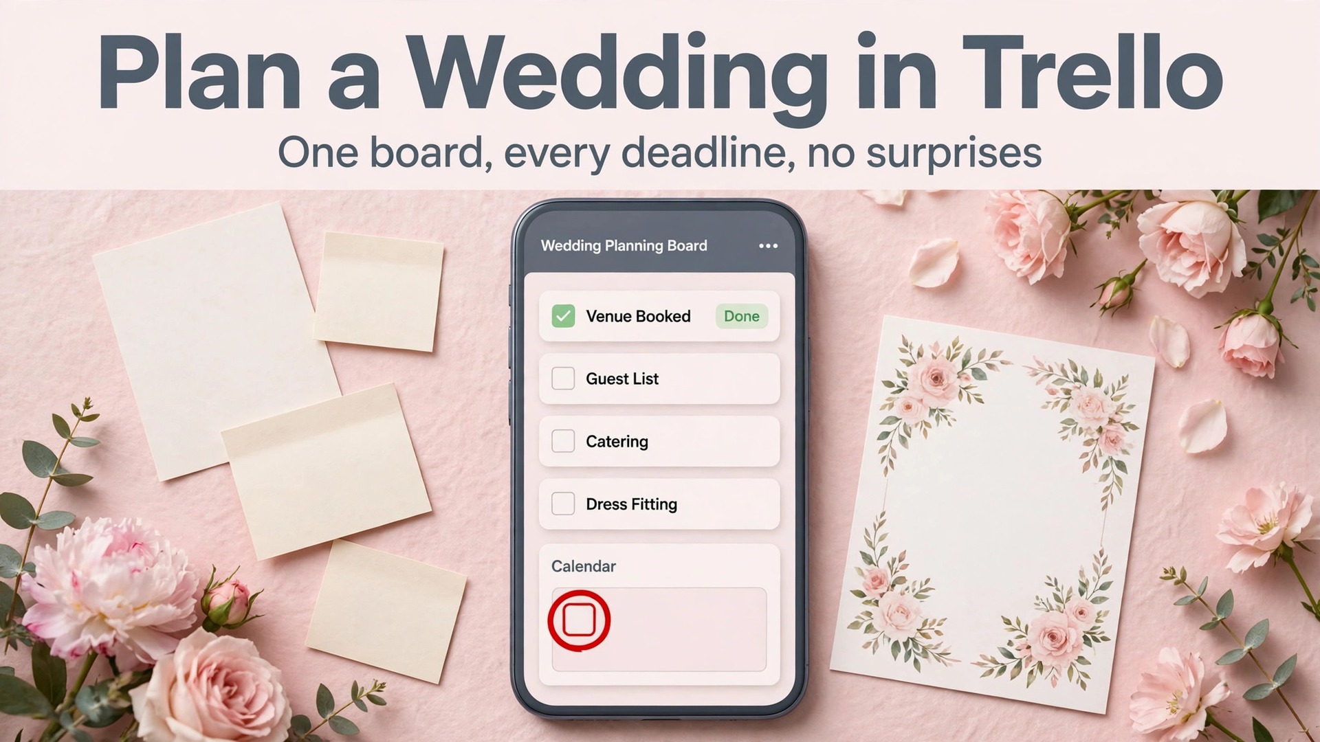 Use Trello for wedding planning thumbnail with a phone showing a wedding planning board