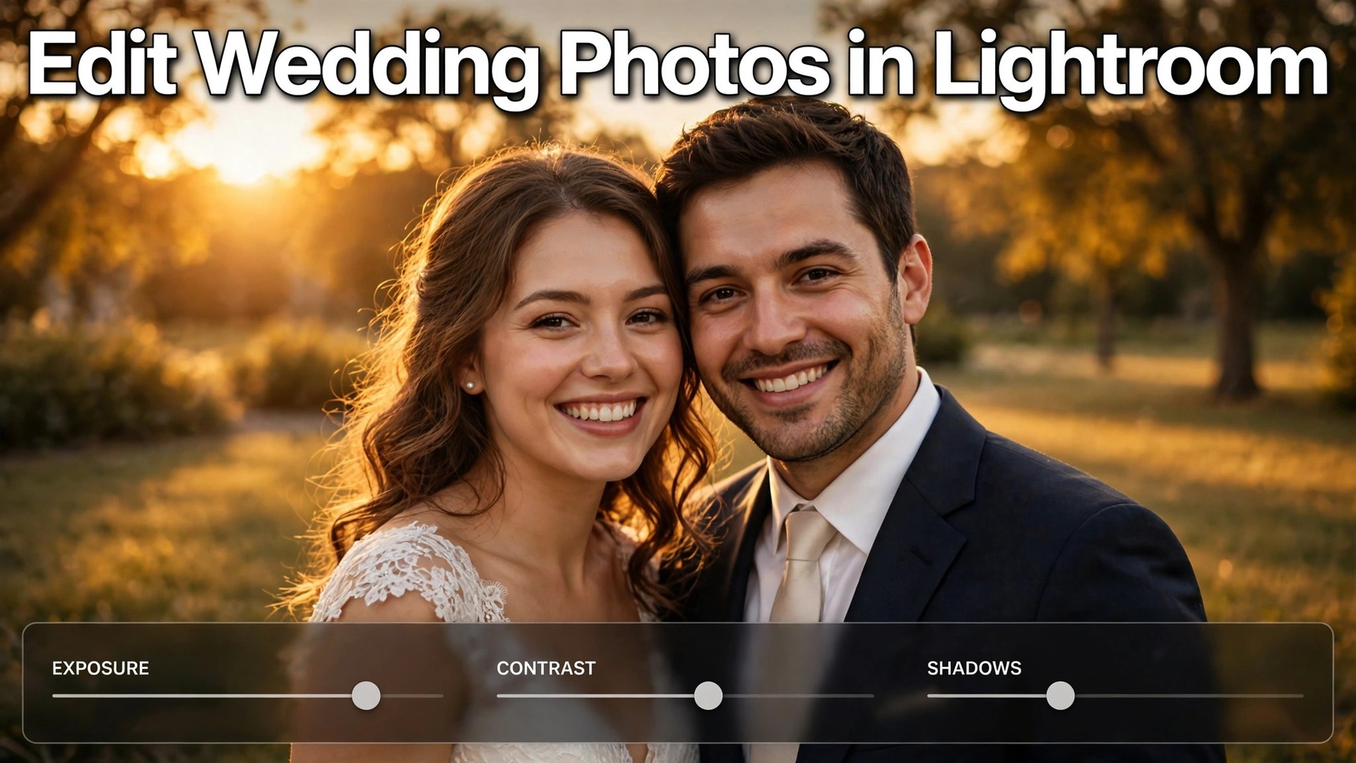 Use Lightroom for wedding photo editing thumbnail with a wedding portrait and editing sliders