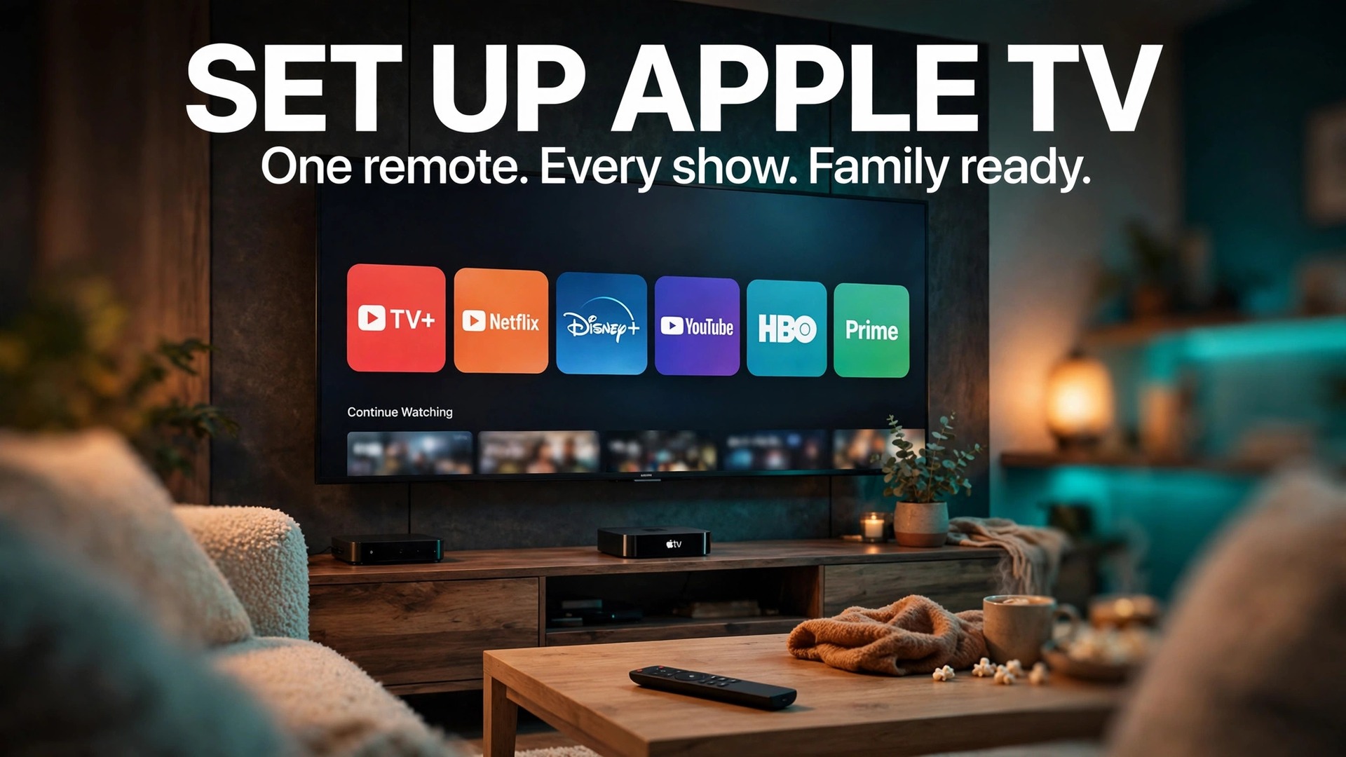 Set up Apple TV home entertainment thumbnail with a living room TV showing the Apple TV home screen