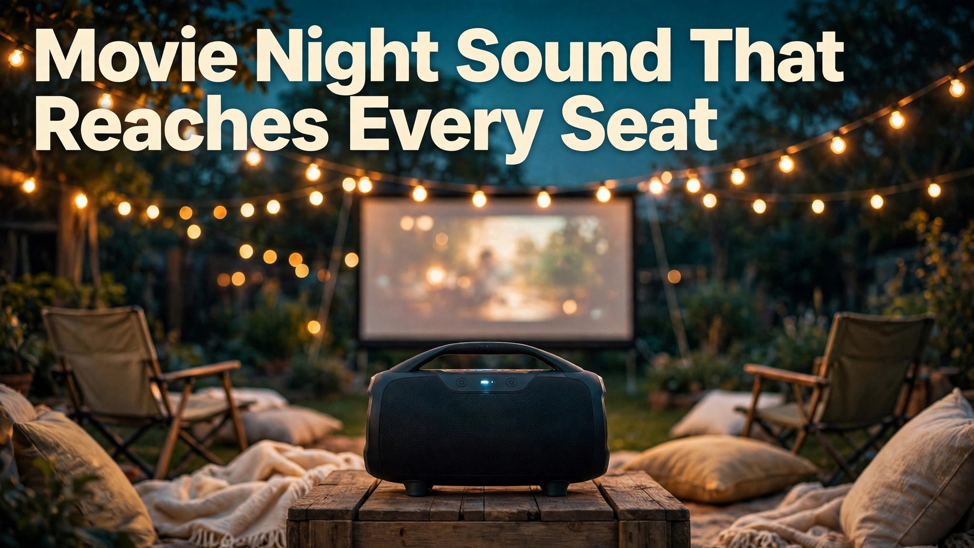 Set up Bluetooth speaker outdoor movies thumbnail with a speaker on a crate at a garden movie night