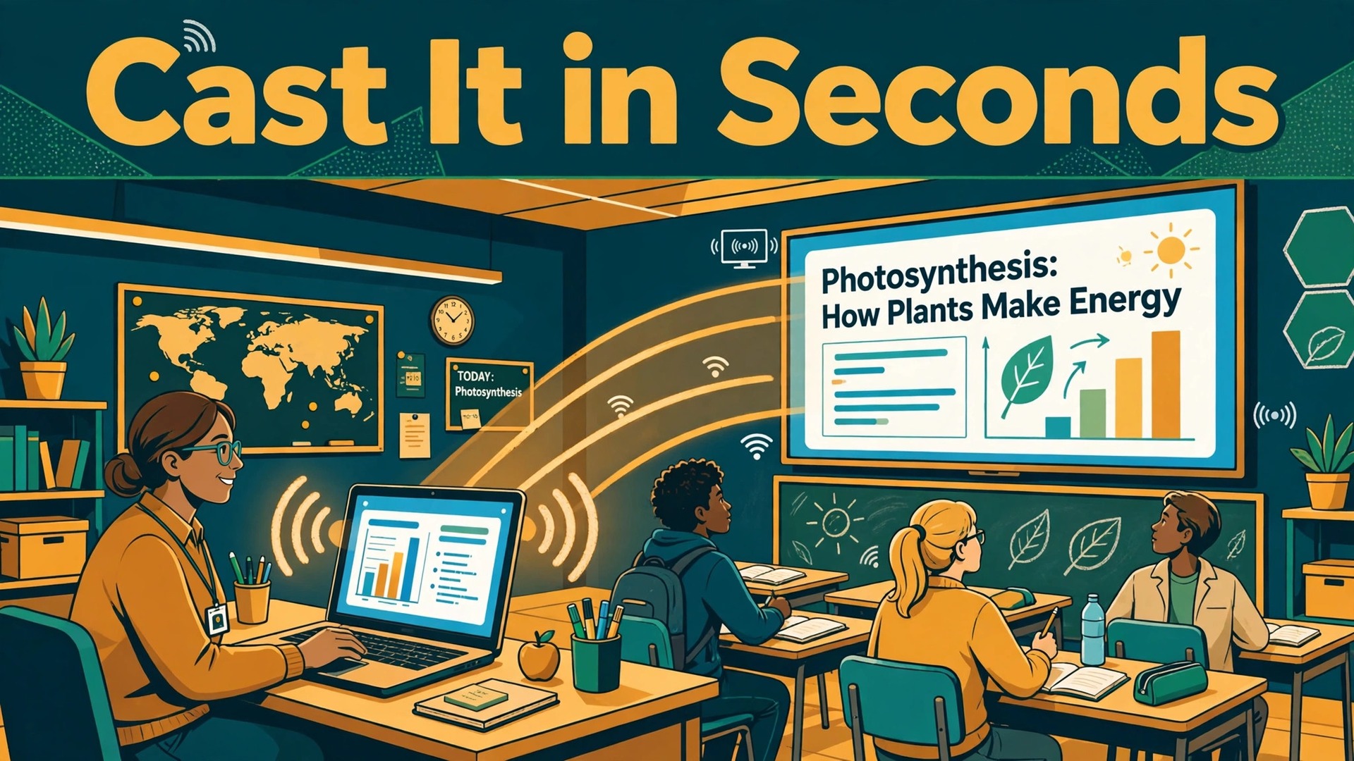Set up Chromecast classroom presentations thumbnail with a laptop casting a lesson to a classroom display