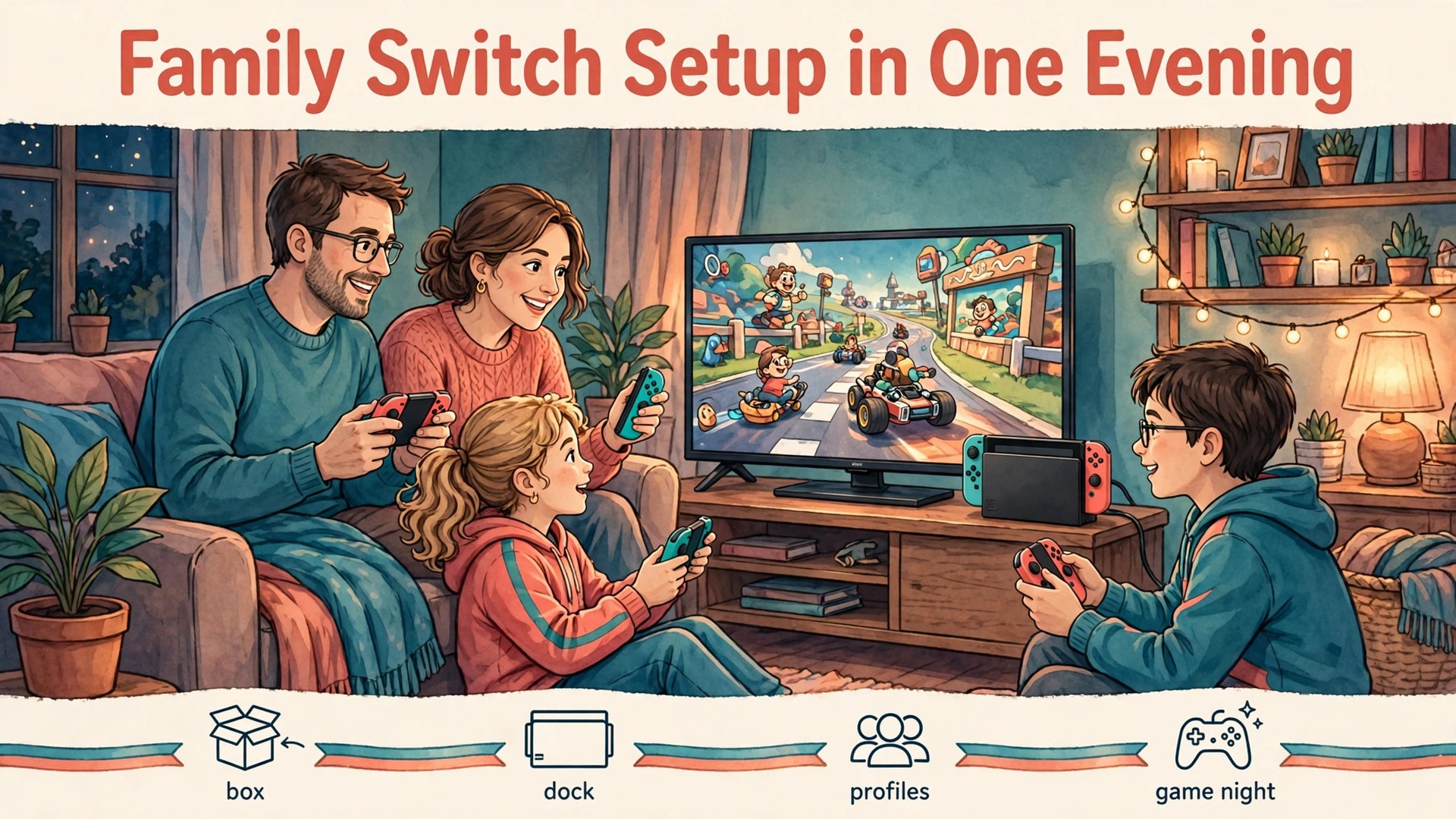 Set up Nintendo Switch family gaming thumbnail with a family playing Switch together in a living room