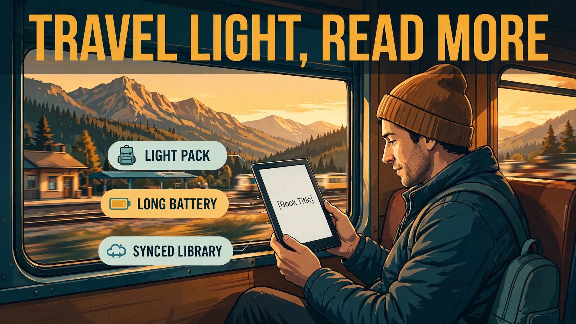 Use e-reader for travel reading thumbnail with a traveller reading an e-reader on a train