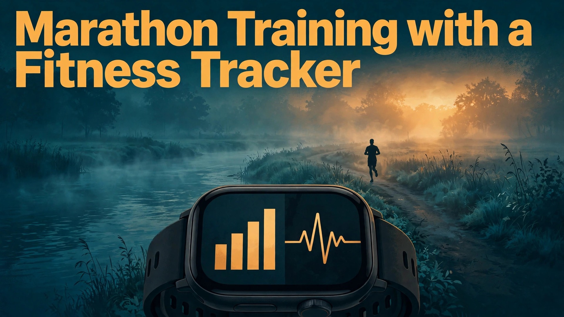 Use fitness tracker for marathon training thumbnail with a fitness tracker watch over a dawn riverside run