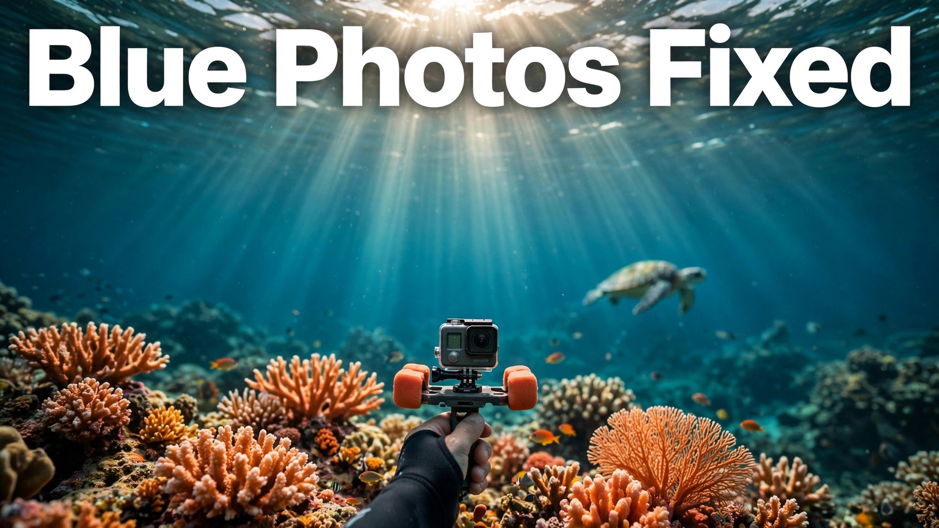 Use GoPro for underwater photography beginner thumbnail with a GoPro on a tray above a coral reef