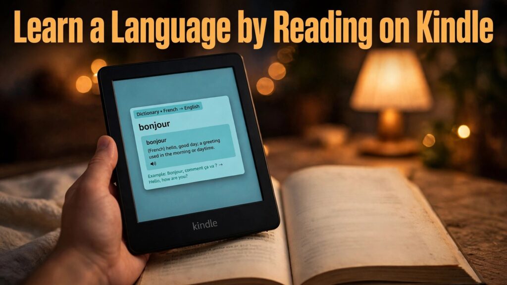 Use Kindle for language learning reading thumbnail with a Kindle showing a French dictionary lookup