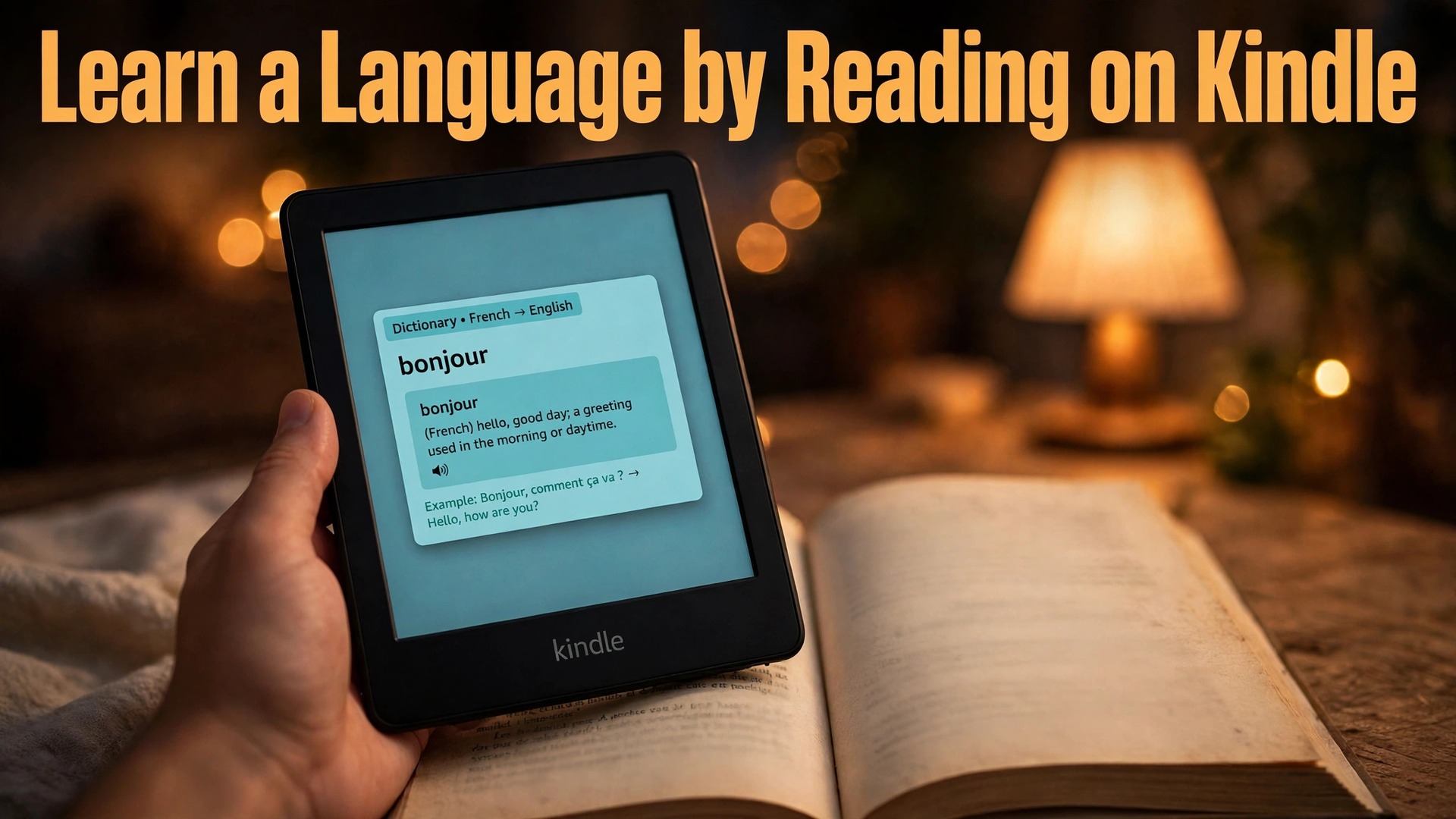 Use Kindle for language learning reading thumbnail with a Kindle showing a French dictionary lookup