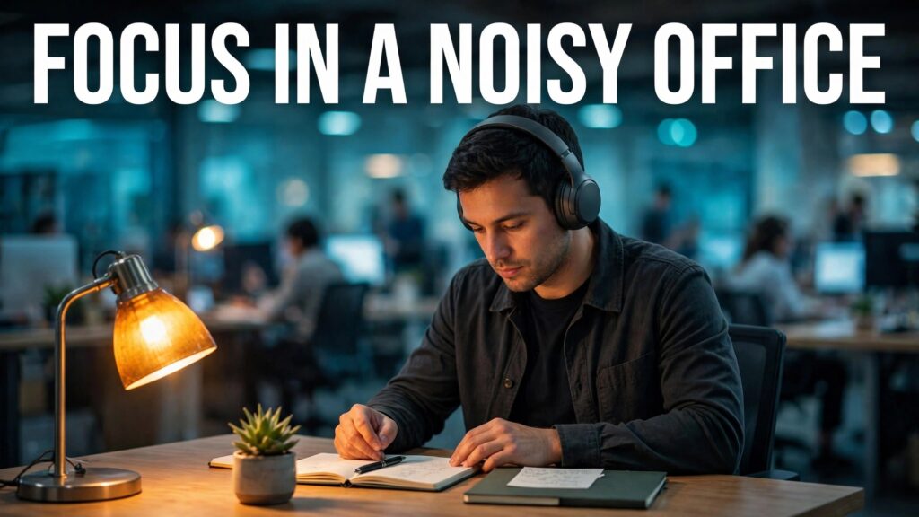 Use noise-cancelling headphones for office focus thumbnail with an office worker wearing headphones