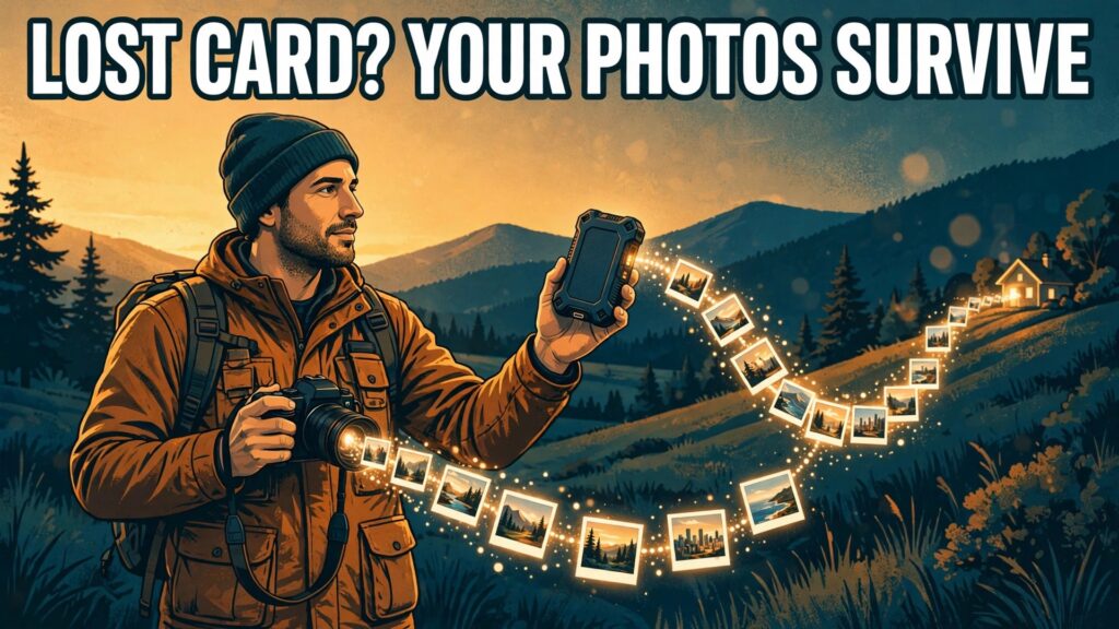 Use portable SSD for photography backup thumbnail with a photographer holding a rugged SSD and a trail of photos