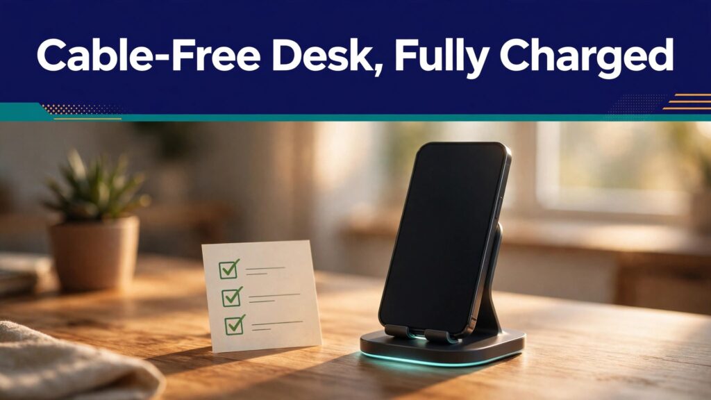 Use wireless charger for desk setup thumbnail with a phone on a charging stand beside a checklist card