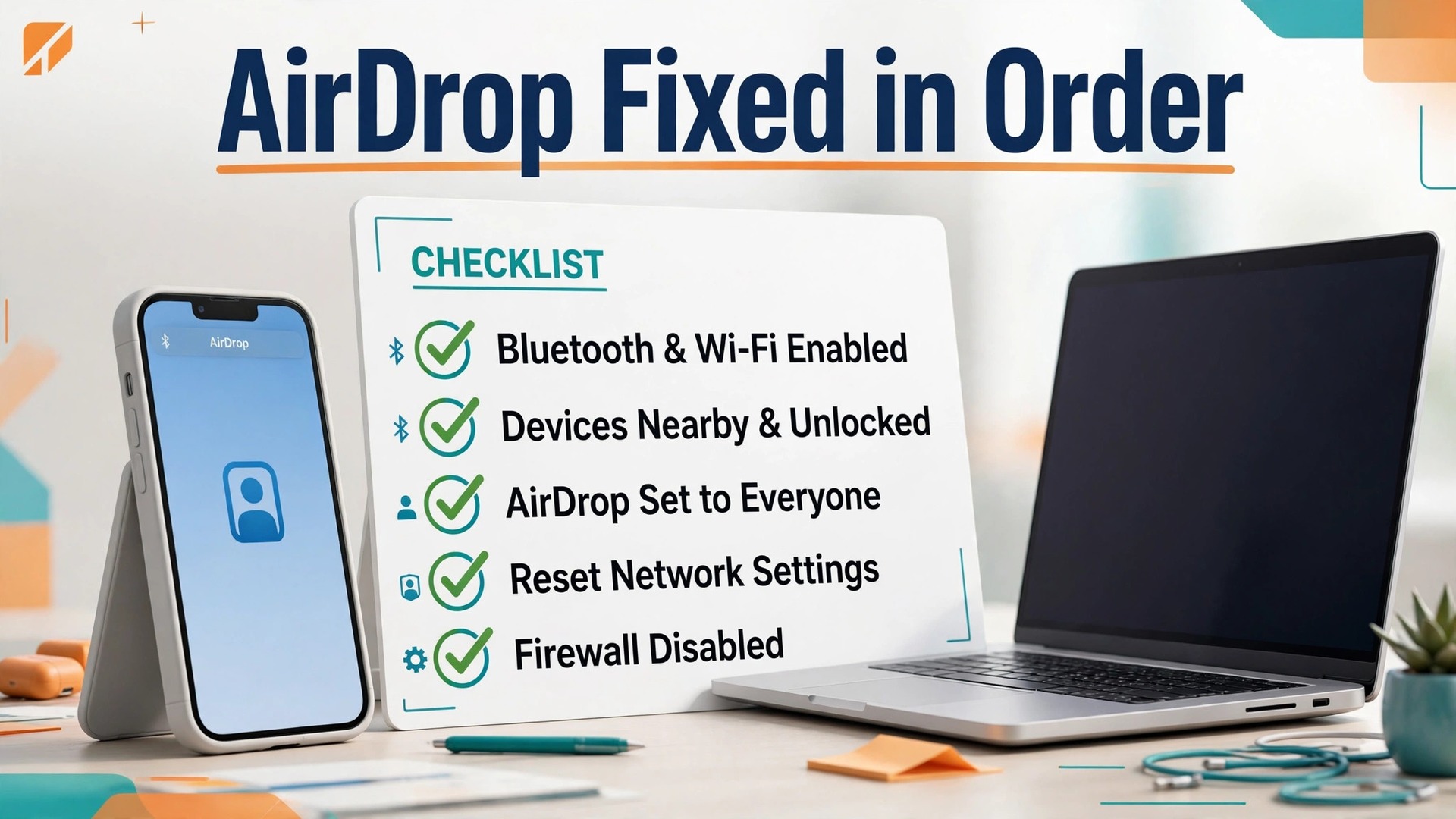 Fix AirDrop not working iPhone Mac thumbnail with an iPhone beside a Mac and a ticked fix checklist