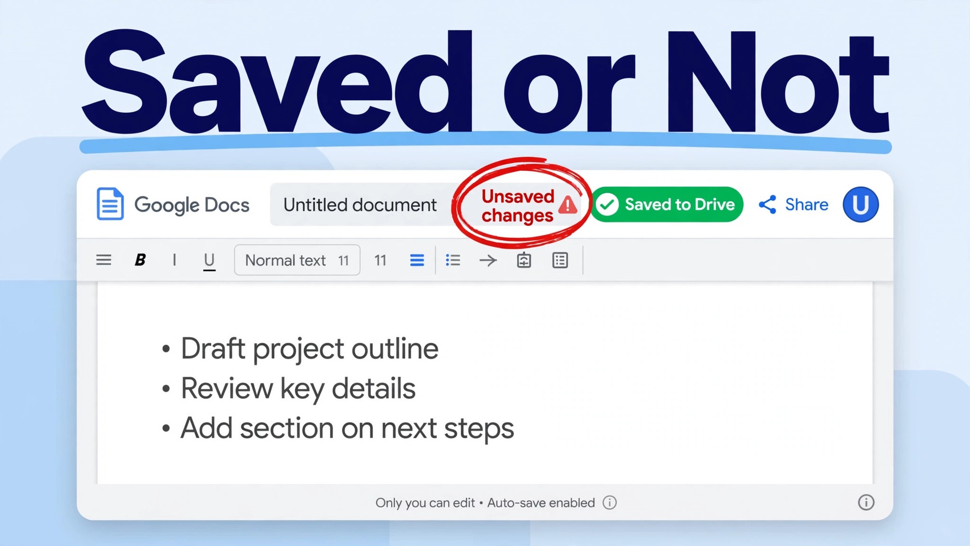 Fix Google Docs not saving changes thumbnail with a Docs page showing an unsaved warning circled and a Saved to Drive badge