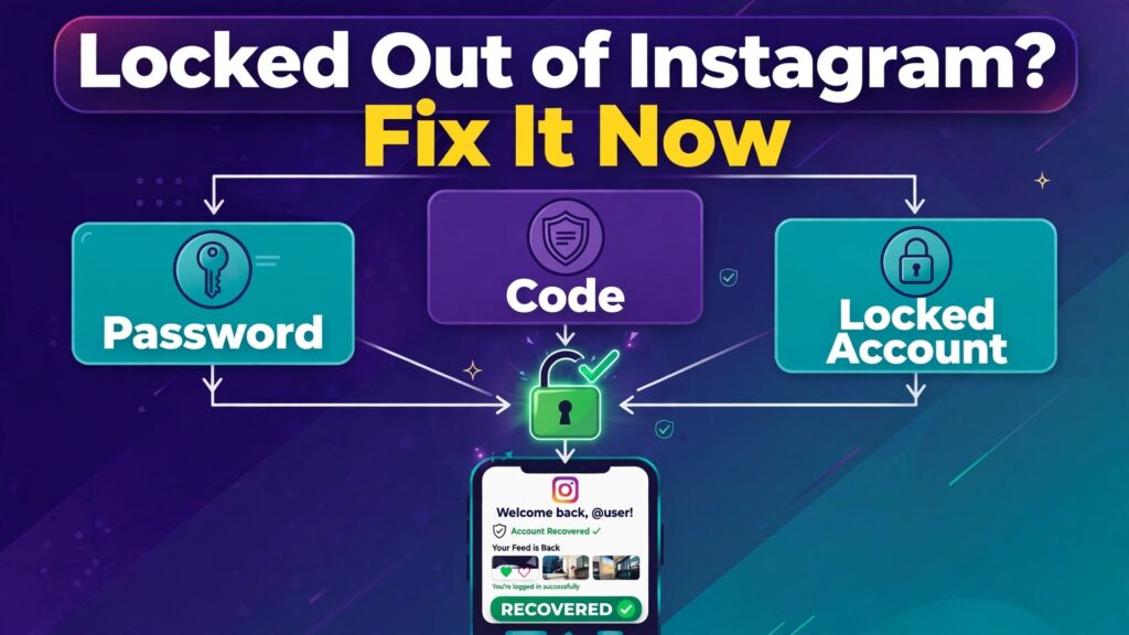 Fix Instagram account login problems thumbnail with a flowchart of password code and locked account paths