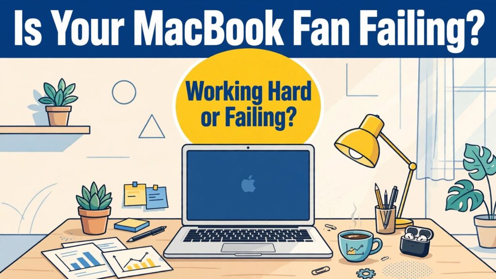 Fix MacBook fan loud noise thumbnail with a MacBook on a desk asking working hard or failing