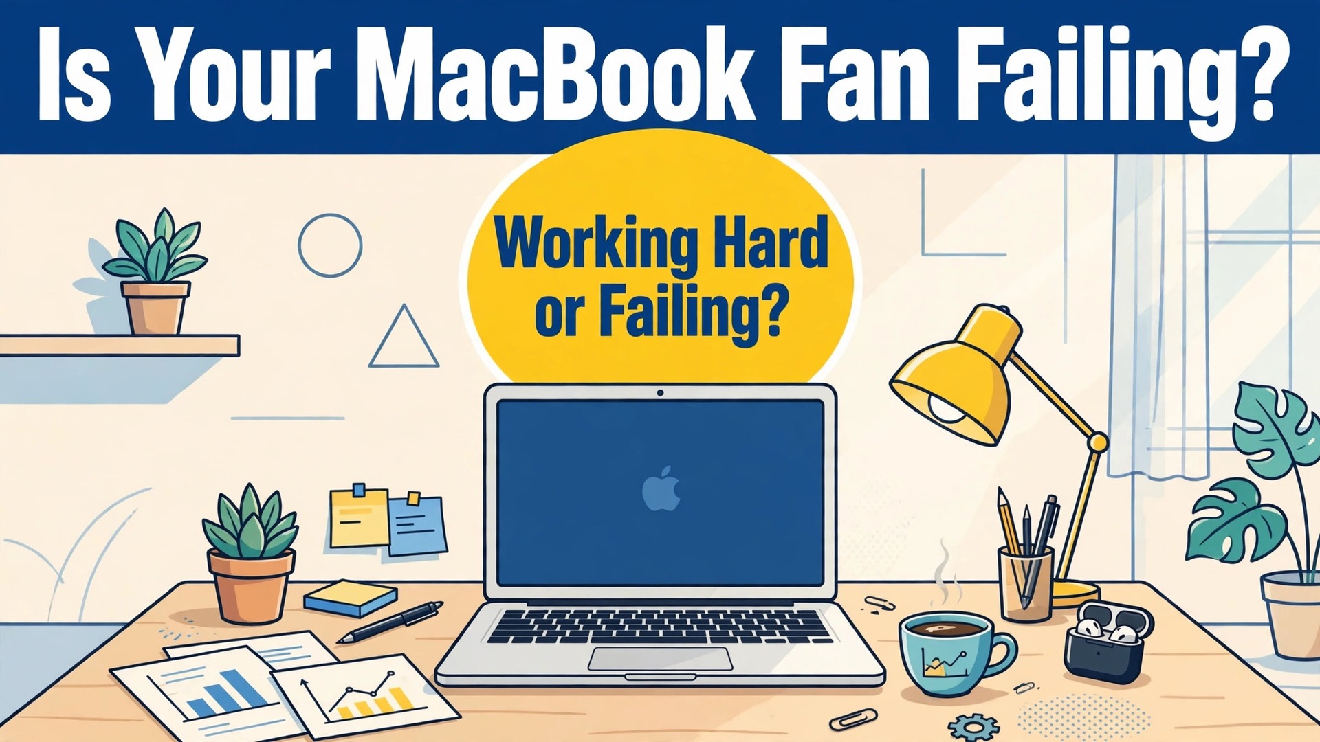 Fix MacBook fan loud noise thumbnail with a MacBook on a desk asking working hard or failing