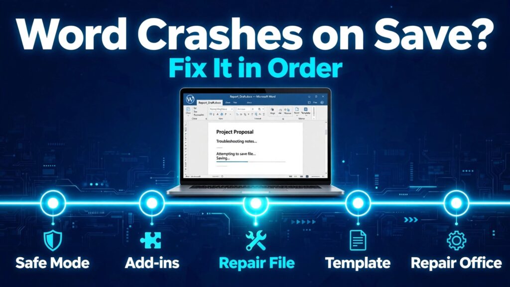 Fix Microsoft Word crashing on save thumbnail with a timeline of Safe Mode add-ins repair file template and Repair Office