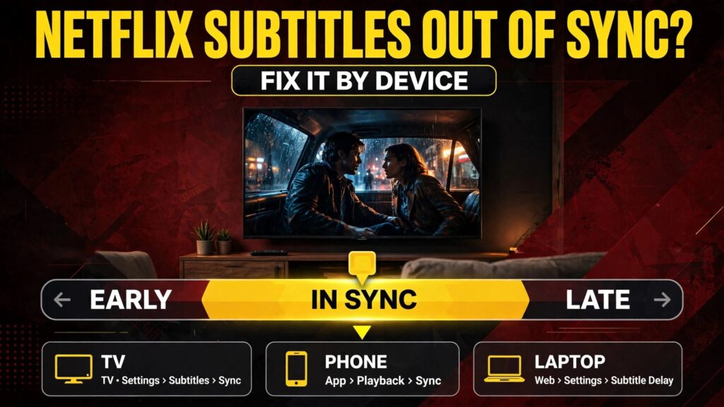 Fix Netflix subtitles out of sync thumbnail with a timeline showing early and late subtitle timing