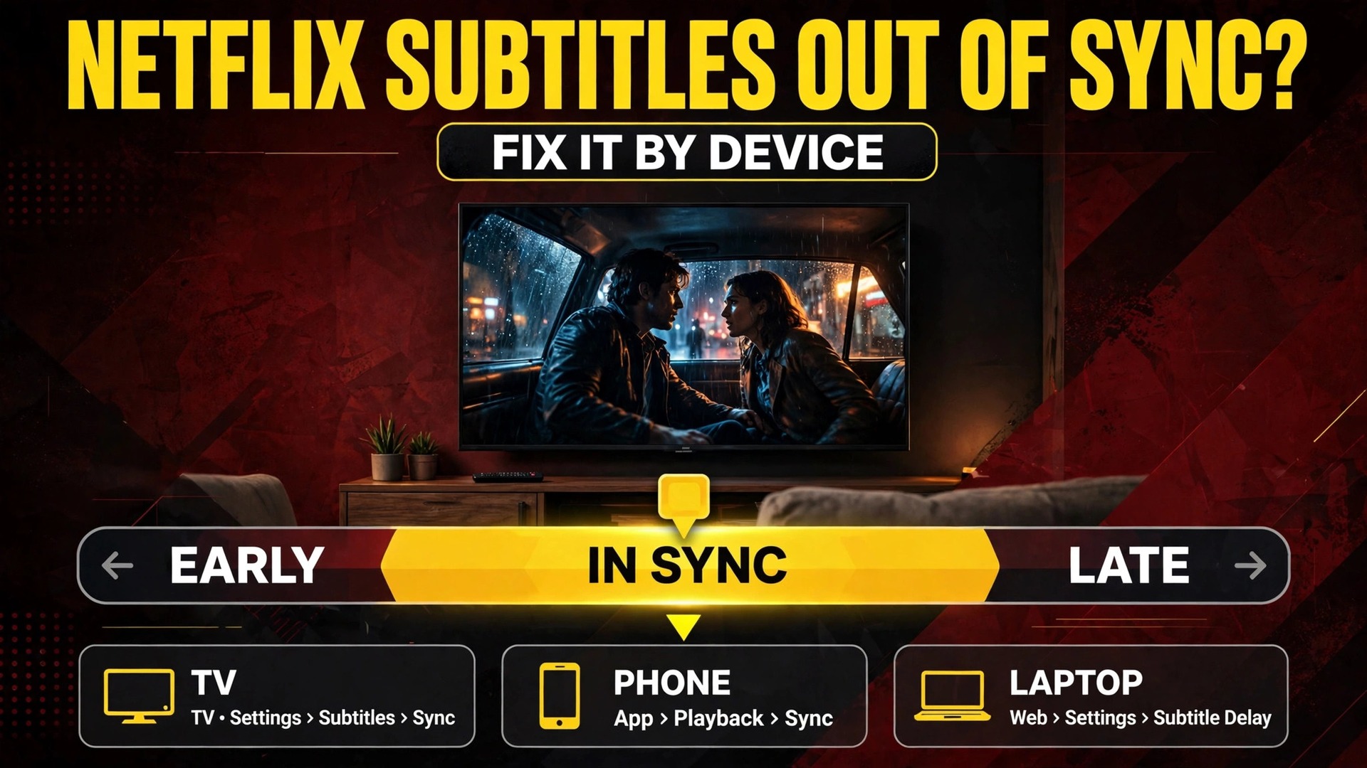 Fix Netflix subtitles out of sync thumbnail with a timeline showing early and late subtitle timing