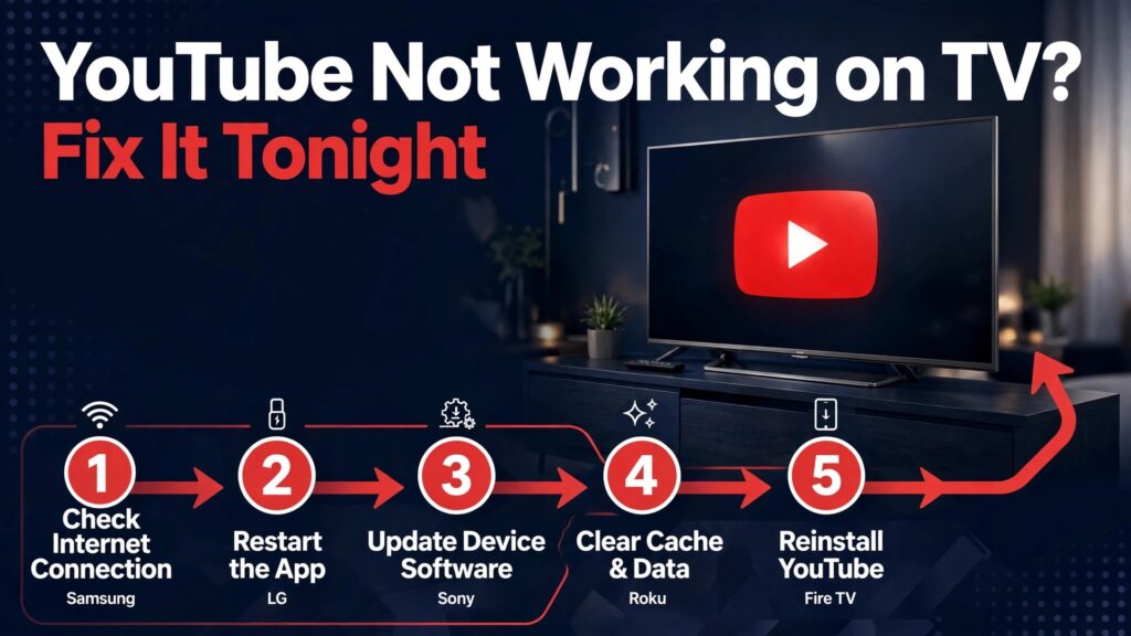 Fix YouTube app not working on TV thumbnail with a five step workflow for Samsung LG Sony Roku and Fire TV