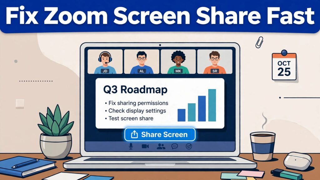 Fix Zoom screen share not working thumbnail with a laptop showing a working share button and clear presentation