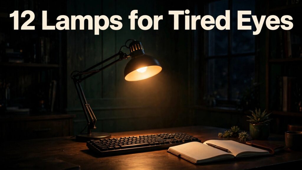 Best desk lamp for home office eye strain thumbnail with a swing arm lamp glowing over a keyboard