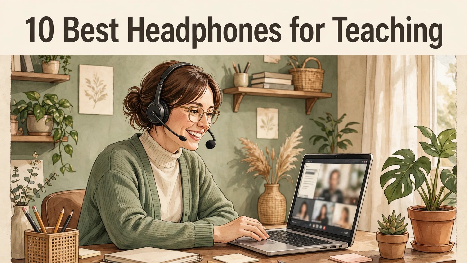 Best headphones for online teaching thumbnail with a teacher in a boom mic headset at a laptop