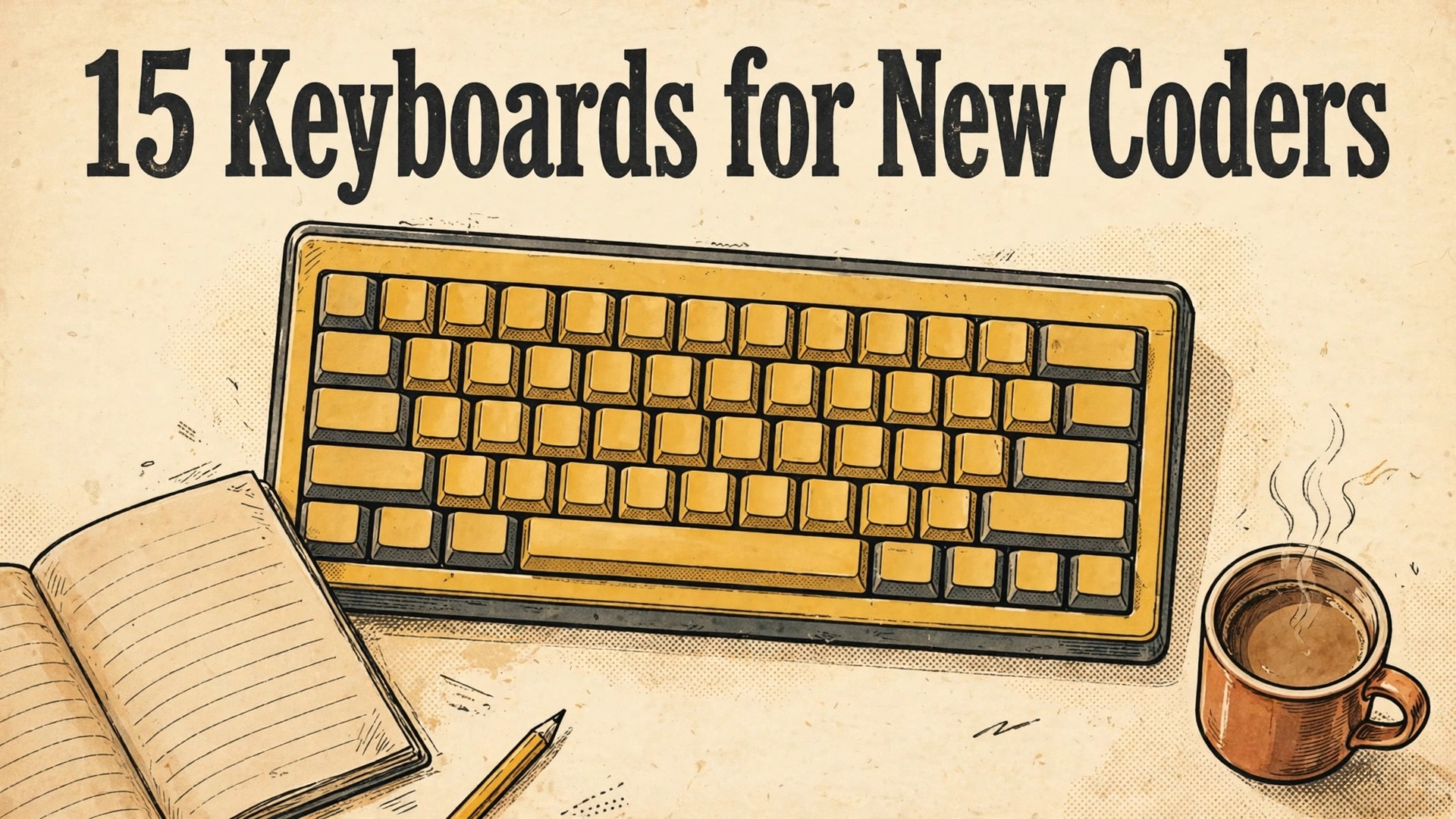 Best keyboard for programming beginners thumbnail with a blank keycap keyboard and notebook