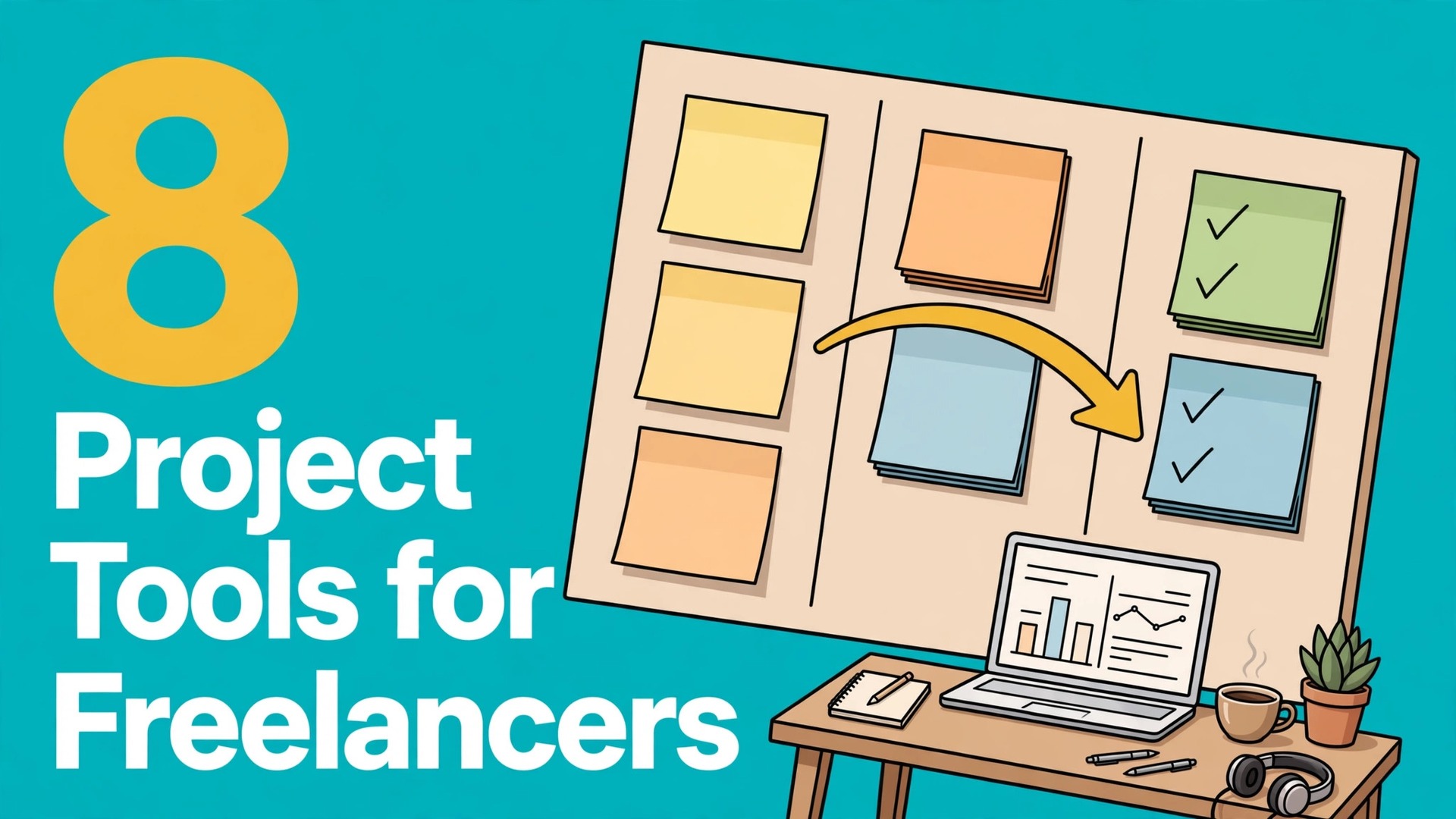 Best project management tool for freelancers thumbnail with a kanban board moving cards to done