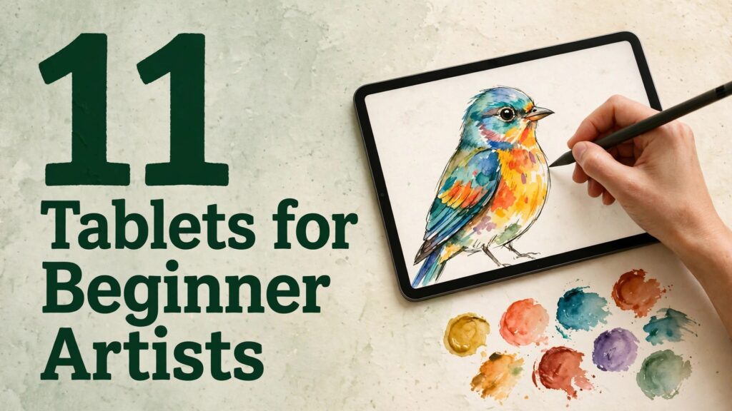 Best tablet for digital art beginners thumbnail with a hand drawing a watercolour bird