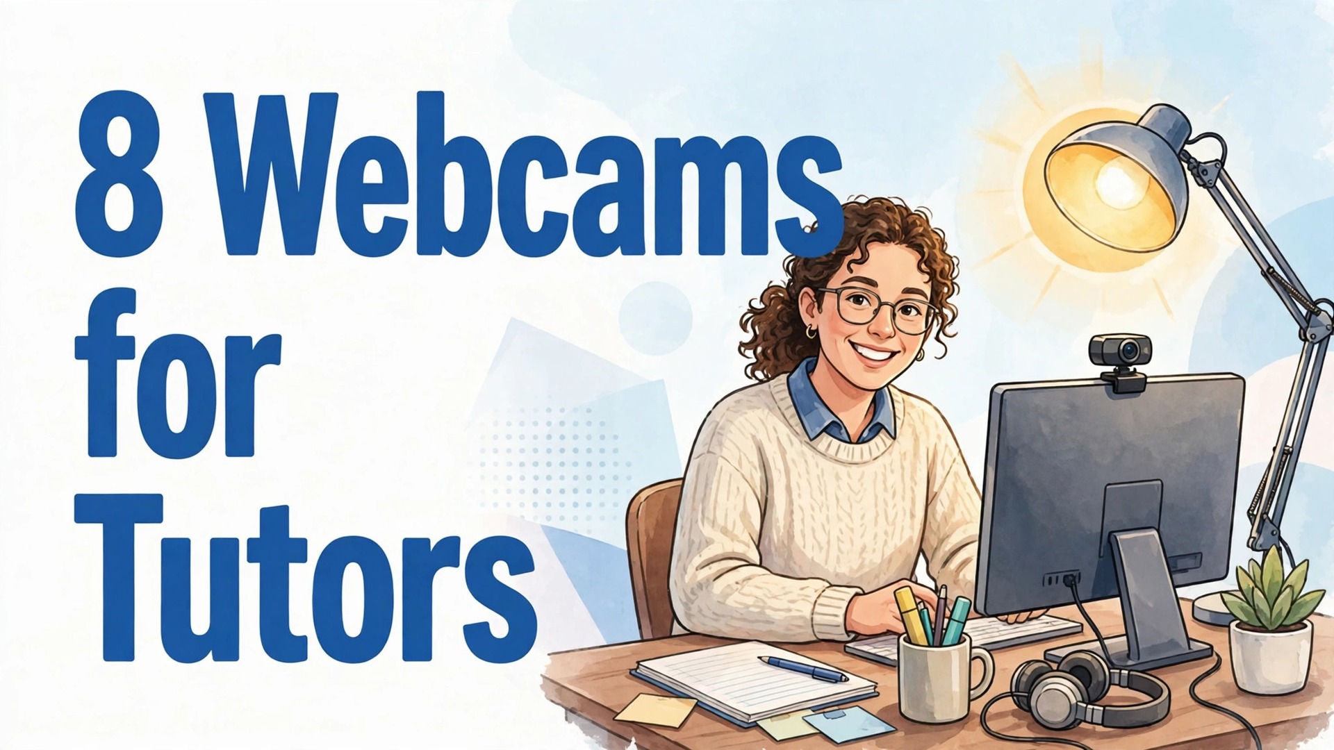Best webcam for online tutoring thumbnail with a tutor at a desk and webcam on the monitor