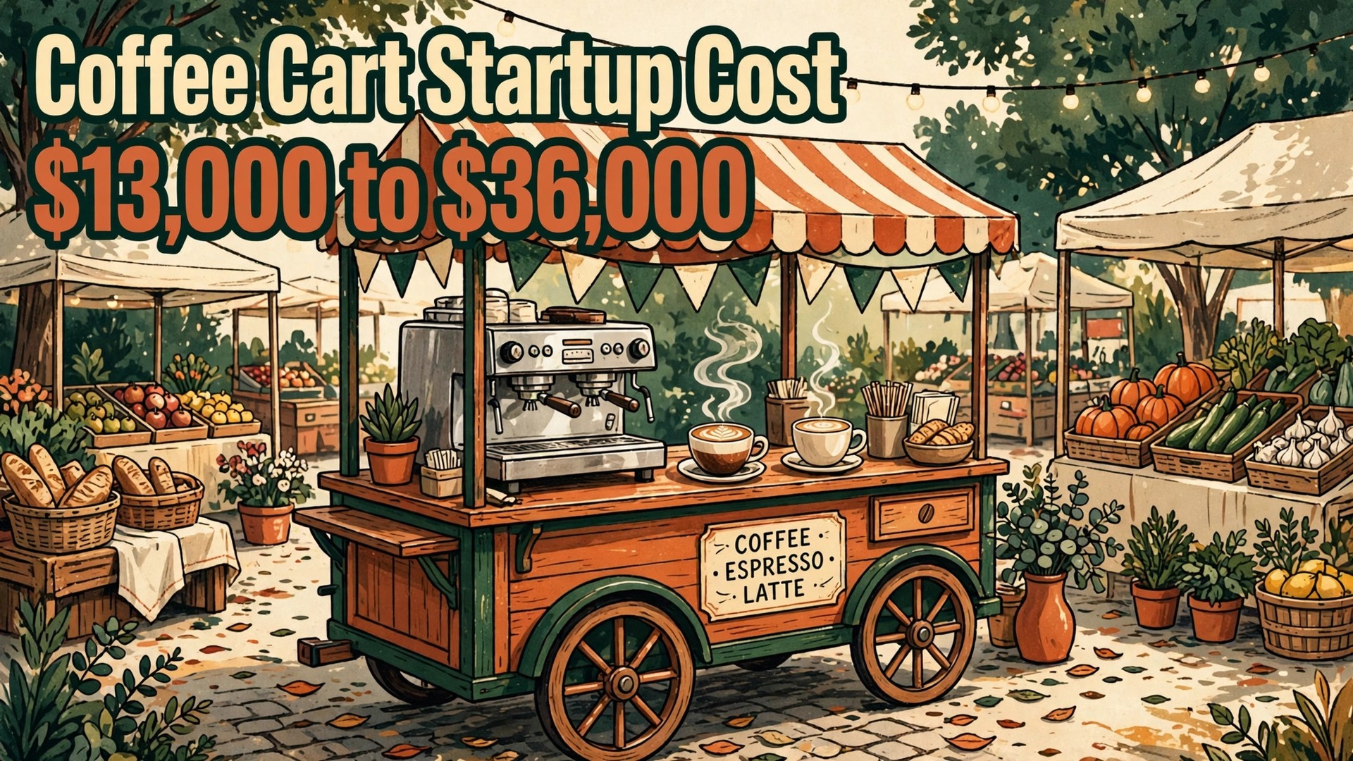 Cost of starting a mobile coffee cart business thumbnail with a market cart and startup cost totals