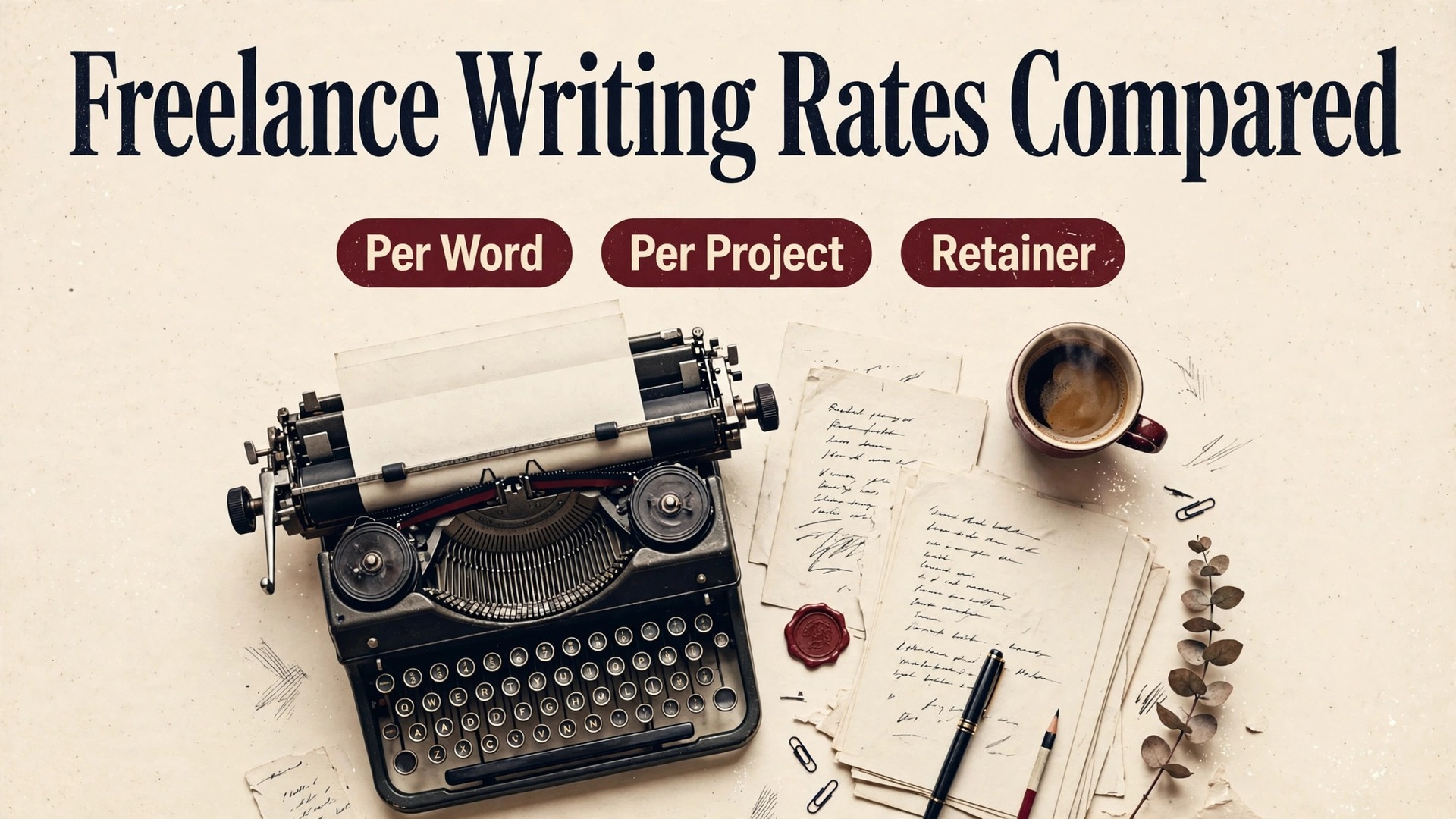 Freelance writing rates packages thumbnail with a writer desk and per word per project retainer pills