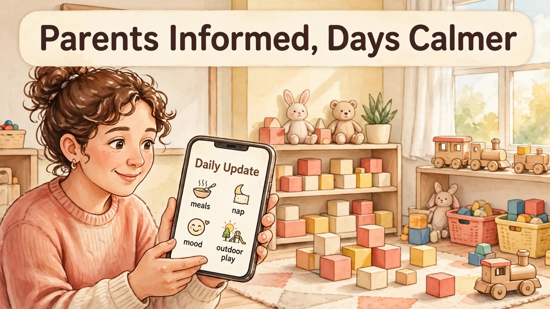 Daycare parent communication system setup thumbnail with a checklist beside a phone showing a daily update