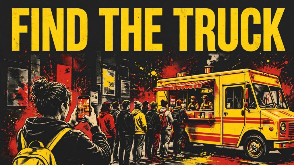 Food truck social media marketing workflow thumbnail with a phone mockup of a busy truck queue post