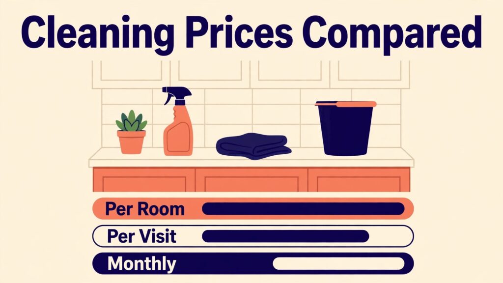 Home cleaning service pricing packages thumbnail with price bars for per-room per-visit and monthly costs