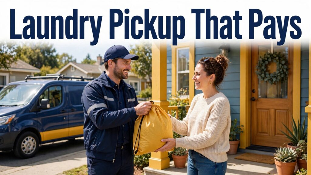 Laundromat pickup delivery system setup thumbnail with a driver handing a labelled laundry bag at a doorstep