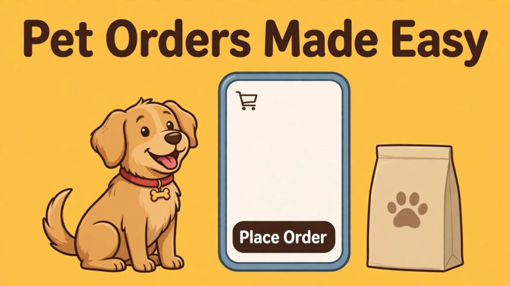 Pet store online order system setup thumbnail with a phone checkout for a pet food order