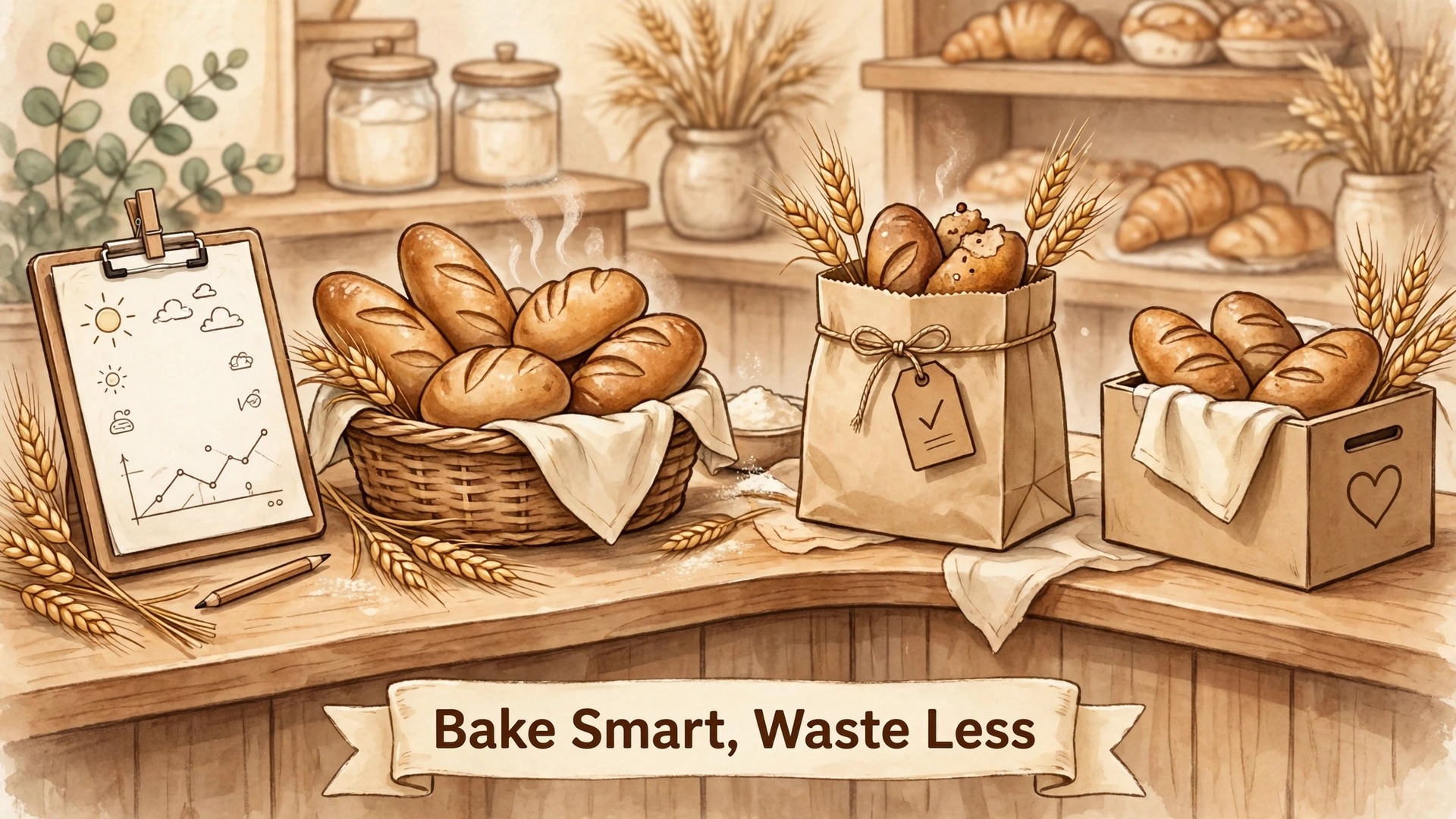 Use AI for bakery waste reduction planning thumbnail with a flowchart from forecast to day-old sale