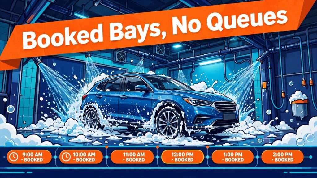 Use AI for car wash booking management thumbnail with a timeline of booked slots filling a day of bays