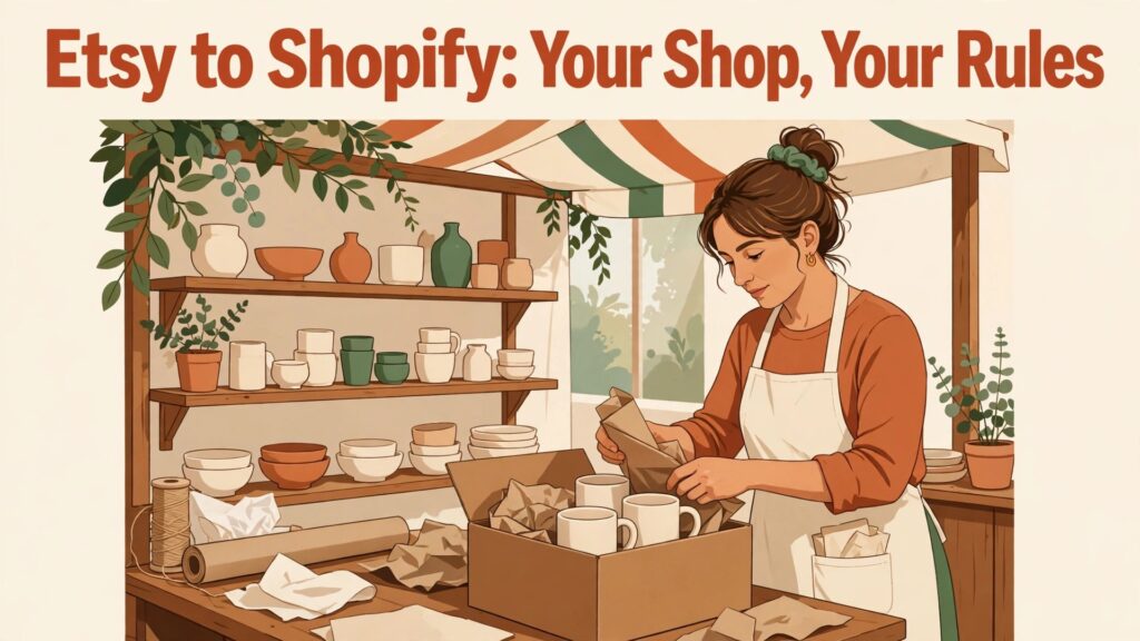 Migrate Etsy to Shopify handmade sellers thumbnail with a handmade seller packing pottery at a bright craft stall