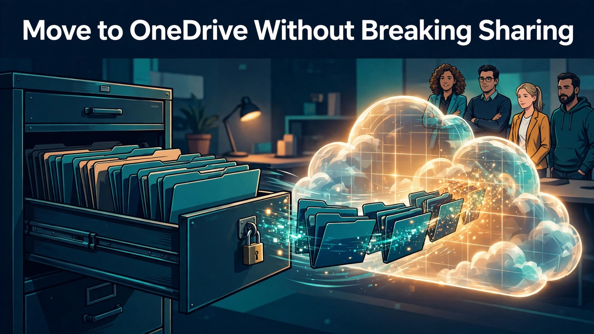 Migrate Google Drive to OneDrive business thumbnail with a filing-cabinet drawer sliding folders into a glowing cloud vault