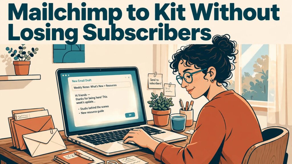 Migrate Mailchimp to ConvertKit creators thumbnail with a creator writing a newsletter at a sunny desk